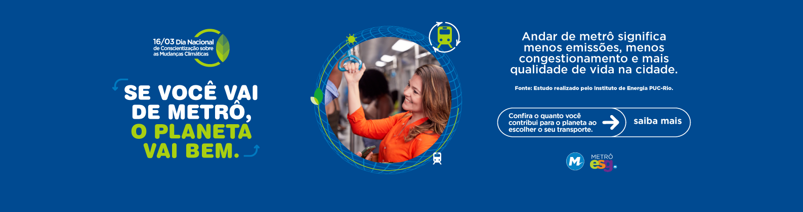 Se você vai de metrô, o planeta vai bem.
Andar de metrô significa menos emissões, menos congestionamento e mais qualidade de vida na cidade. Confira o quanto você contribui para o planeta ao escolher o seu transporte.
